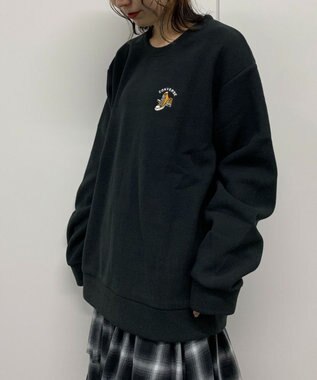 WEGO 【ユニセックス着用ITEM】ワッフルフリースOP刺繍クルートレーナー ブラック