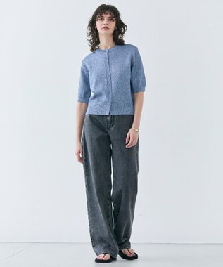 BEIGE， 【洗える】VANDA / ラメ入りクルーネック半袖カーディガン Sax