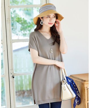 Tiaclasse L 【洗える】さらりと肌離れの良いフレンチスリーブニットチュニック モカ