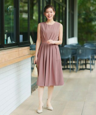 Tiaclasse L 【2TYPEスリーブ/半袖・ノースリーブ・洗える】タックフレアワンピース ノースリーブ：ピンク