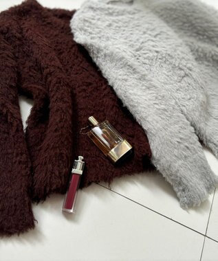 Feroux 【洗える】シャギーVネック ニット ダークブラウン系