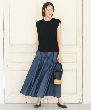 自由区 【洗える・XSサイズあり】クレープストレッチノースリーブ ニット ネイビー系