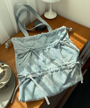 WEGO ドロストリボンギャザートート デニム淡加工色