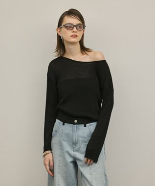 GRACE CONTINENTAL ラメリブクルーニットトップ ブラック