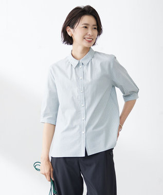 J.PRESS LADIES 【洗える】BEZ空羽ストライプ シャツカラー ブラウス ライトグリーン系1