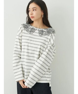 earth music&ecology レースプリントボーダープルオーバー Border Gray