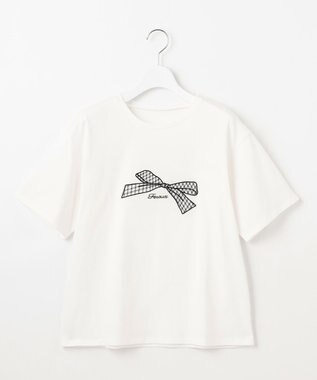 Feroux 【洗える】リボン刺繍 Tシャツ ホワイト系
