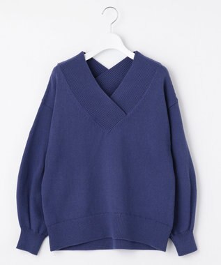 自由区 【XSサイズ～/洗える】コットンブレンドコード Vネックニット ダルブルー系