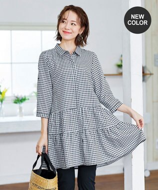 Tiaclasse L 【洗える】1枚で大人華やぐ2段ティアードシャツチュニック ブラックチェック