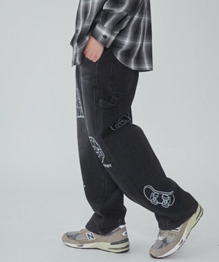WEGO 【ウエスト紐で調整】イージーペインターグラフィックデニムパンツ 柄2
