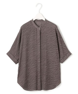 ICB L 【人気のため新色追加・接触冷感・UVケア・速乾・洗える】BackSatinAmunzen 5分袖バンドカラーブラウス ゼブラ［ブラウン］系