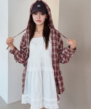 WEGO 【25年秋冬新作】チェックフードBIGネルシャツ ワイン