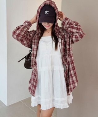 WEGO 【25年秋冬新作】チェックフードBIGネルシャツ ワイン