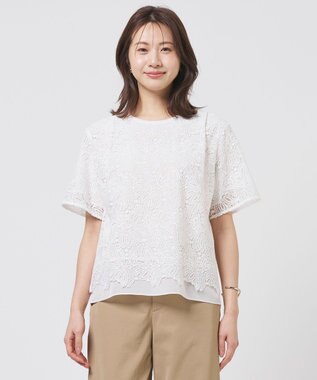 J.PRESS LADIES レースコンビジャージー カットソー ホワイト系