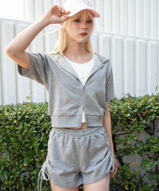 WEGO 【セットアップ対応】半袖ショートZIPパーカー 杢グレー