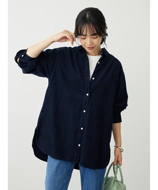 Green Parks 柔らかい細コールシャツ Navy