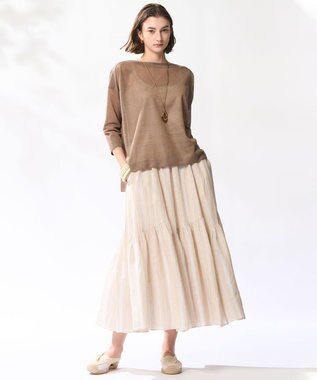 23区 【洗える】LIBECO ティアード スカート ベージュ×ホワイトストライプ