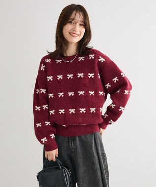 Green Parks ・ｓｗｉｎｇ　ｂｙ　リボンジャカードクルーニット Bordeaux