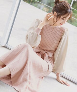 Tiaclasse 【洗える】パフ袖ニットコンビワンピース ピンク