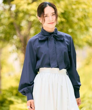 #Newans 【洗濯機可】ステッチデザインリボンタイブラウス ネイビー