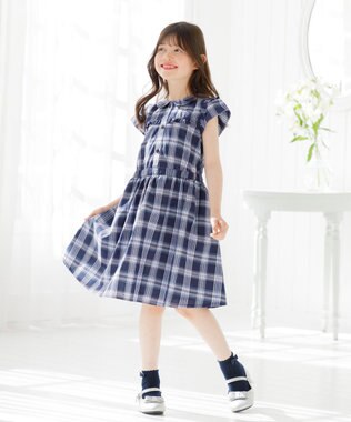 組曲 KIDS 【150-160㎝】プランタンチェック ワンピース ネイビー