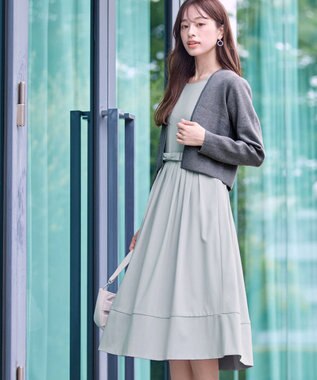 Tiaclasse 【洗える】半袖リボンギャザーフレアワンピース サックスグレー