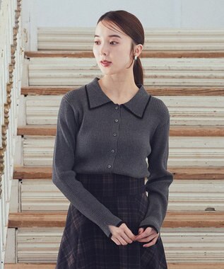 earth music&ecology バイカラートリムニットカーディガン Charcoal Gray