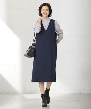 J.PRESS LADIES 【洗える】BEZ C/Ny ドビーストライプ フリルネック ブラウス ネイビー系1