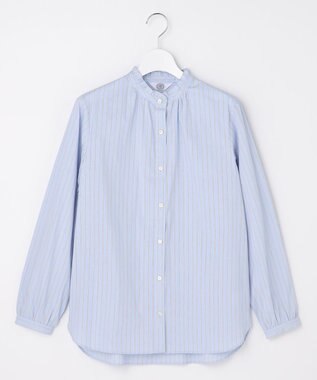 J.PRESS LADIES S BEZコットンナイロン ストライプ フリル襟 ブラウス サックス×ホワイト×ベージュ系