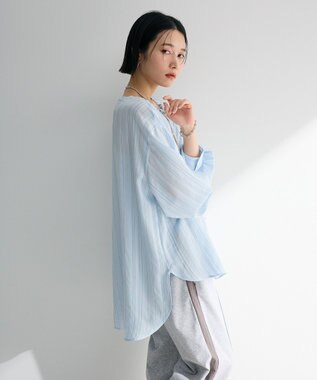 Green Parks ドロストネックシアーストライプチュニック Sax