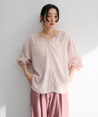 Green Parks ドロストネックシアーストライプチュニック Pink