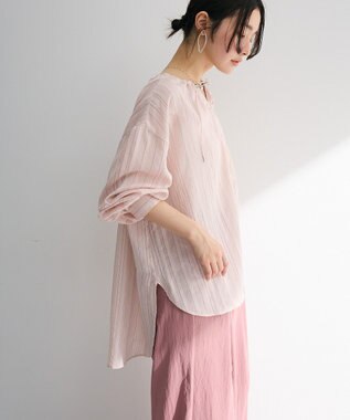 Green Parks ドロストネックシアーストライプチュニック Pink