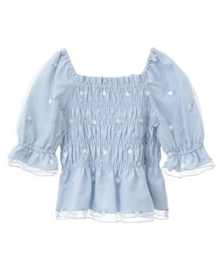 earth music&ecology フラワー刺繍シャーリングプルオーバー Sax