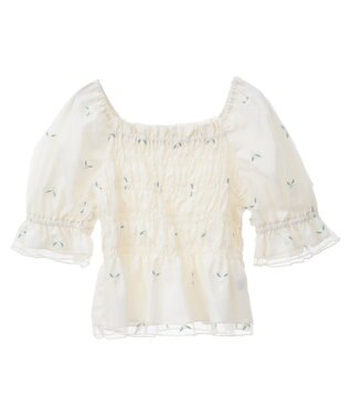 earth music&ecology フラワー刺繍シャーリングプルオーバー Ivory