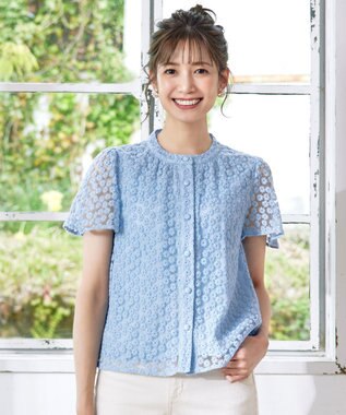 Tiaclasse 【洗える】チュールレースブラウス サックス