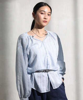 Green Parks ドロストネックシアーストライプチュニック Sax