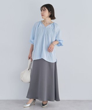 Green Parks ドロストネックシアーストライプチュニック Sax