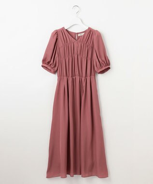 Feroux 【洗える】ギャザーデザインパフスリーブワンピース ピンク系