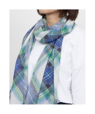 UNBILLION カシュネ cache nez / シルク×ウールチェック柄プリントストール ブルー