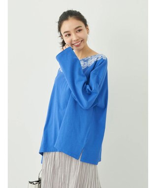 earth music&ecology レースプリントボーダープルオーバー Royal Blue