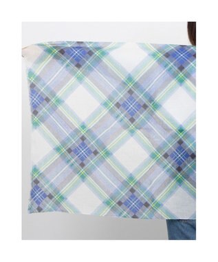 UNBILLION カシュネ cache nez / シルク×ウールチェック柄プリントストール ブルー