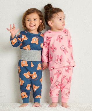 MIKI HOUSE HOT BISCUITS 【80-120cm】 キャビットフェイスプリント 腹巻き付き長袖パジャマ ピンク