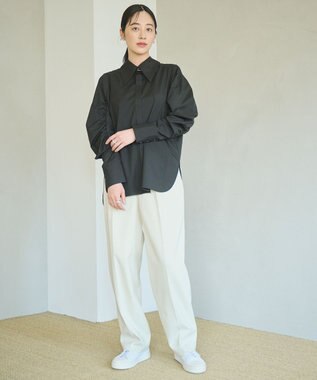 #Newans 【アイロンいらず】尖り襟ギャザースリーブブラウス ブラック