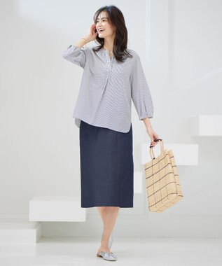 J.PRESS LADIES 【洗える・吸水速乾】コットン麻シェルドライ ナロー スカート ネイビー系