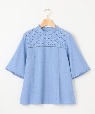 組曲 S 【WEB限定色あり】エンブロイダリーレース　ハイネック半袖ブラウス ふじ色系