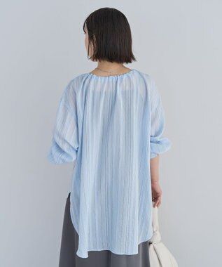 Green Parks ドロストネックシアーストライプチュニック Sax