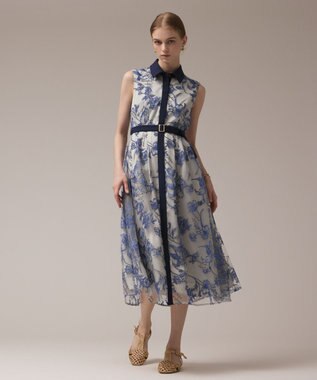 GRACE CONTINENTAL フラワー刺繍ボウタイドレス ブルー