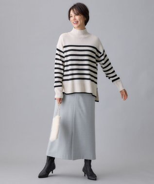 自由区 L 【洗える】ウールカシミヤブレンドハイネック ニット シャンパンベージュ×ブラック