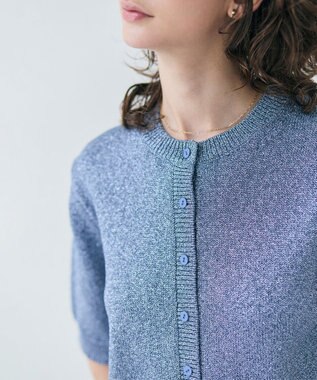 BEIGE， 【洗える】VANDA / ラメ入りクルーネック半袖カーディガン Sax