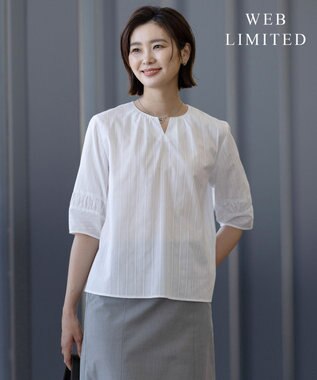 J.PRESS LADIES L 【WEB限定・洗える】セルロースカラミストライプ キーネック ブラウス 【WEB限定】ホワイト系